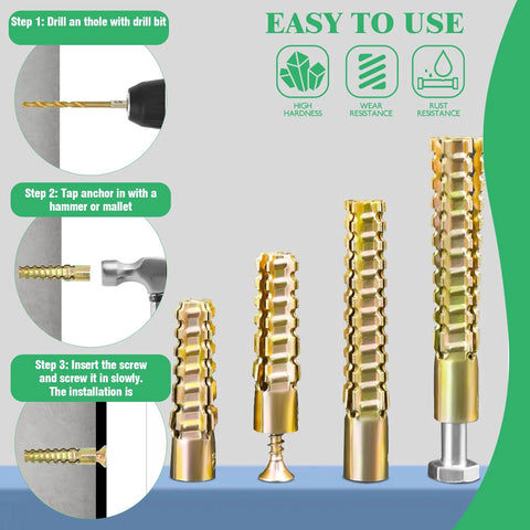 Installation steps using 180Pcs 90 Sets Steel Wall Anchor And Screw Kit In Four Sizes for secure mounting on various walls.