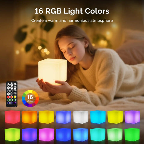 Girl holding 4 Inch RGB LED Cube Mood Light Tesseract Cube With 16 Color Options Waterproof IP65 Remote Controlled Night Light
