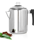 Stainless Steel Coffee Percolator For Stovetop 37oz 2 To 8 Cup Pot With Cool Touch Handle Perfect For Camping And Home Use Camp Stove Top Espresso Maker Easy Brew Rich Flavor Morning Boost, shown from the side with coffee and leaves.