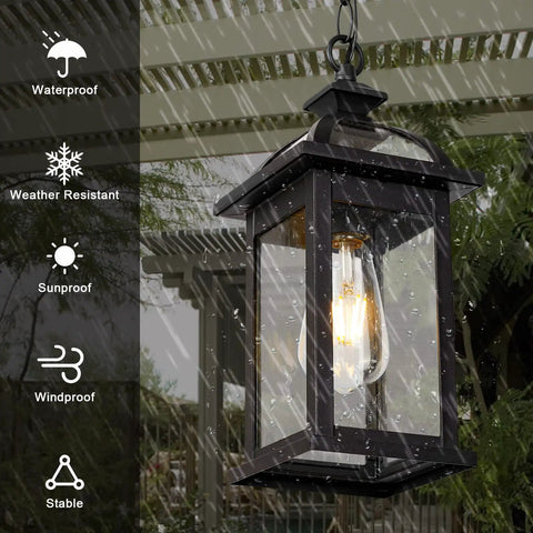 Weatherproof Outdoor Pendant Lantern In Black With Seeded Glass, Durable Aluminum Construction For Porch, Patio Or Entryway, Rust Proof