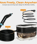 Handheld One Point Two Five Liter Steam Cleaner With Killer Steam Power And Fast High Output For Chemical Free Auto Wash And Kitchen Or Garage Grease Removal In Smooth White Design That Beats Every Stain Dead with hose and tank dimensions.