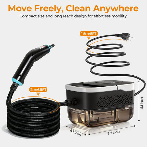 Handheld One Point Two Five Liter Steam Cleaner With Killer Steam Power And Fast High Output For Chemical Free Auto Wash And Kitchen Or Garage Grease Removal In Smooth White Design That Beats Every Stain Dead with hose and tank dimensions.
