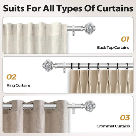 Heavy Duty Telescoping 1 Inch Curtain Rod Extends From 72 To 144 Inches With Silver Decorative Translucent Finials with different curtain types