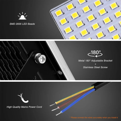JUDYSSY Led Pir Floodlights 20W, Ip67 Waterproof Security Light with Motion Se close-up showing adjustable metal bracket and LED beads.