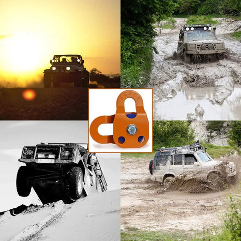 Beefy Heavy Duty Snatch Block For Winches With Synthetic Rope, Off Road Recovery Pulley, 29,000 Lb Max Load, Orange Color, Rugged Durable Pulley Block For Vehicle Recovery And Winching, orange snatch block shown with off-road vehicles