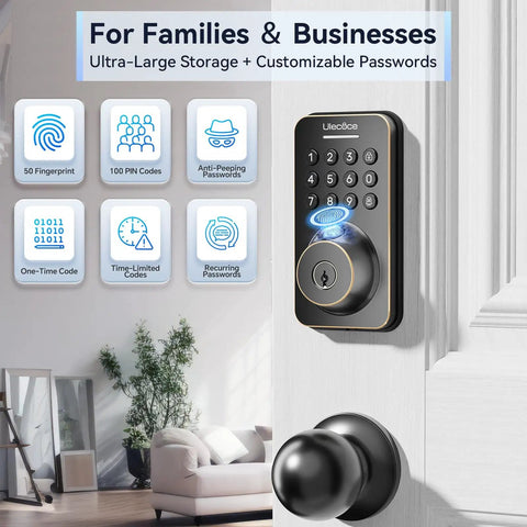 Keyless Entry Door Lock With Handle Set And WiFi App Control Fingerprint Scanner Electronic Keypad Deadbolt installed on door
