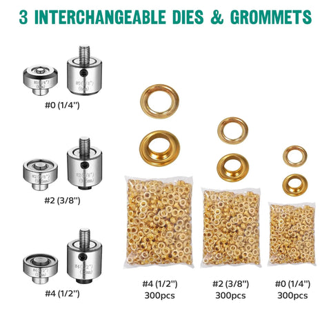 Grommet Tool Kit Hand Punch Press With 3 Die Sizes 1/2 Inch, 3/8 Inch, 1/4 Inch And 900 Eyelets And Washers For Fabric Tarps Banners Leather Canvas