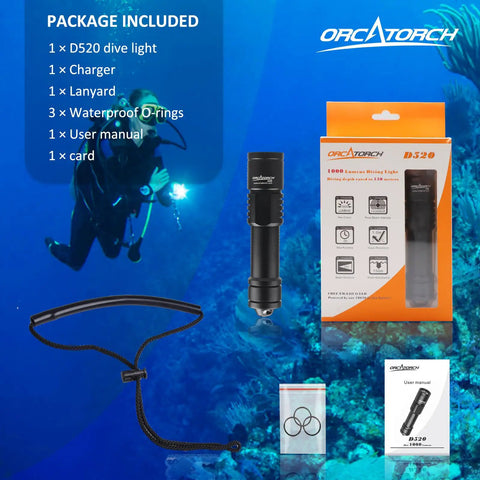 D520 1000 Lumen Scuba Dive Light With Rotary Switch Compact Underwater Flashlight, packaging includes charger and accessories.