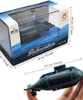 Mini RC Nuclear Submarine Toy Remote Control Boat With Realistic Dive Function And Surface Modes showcased in packaging with size info