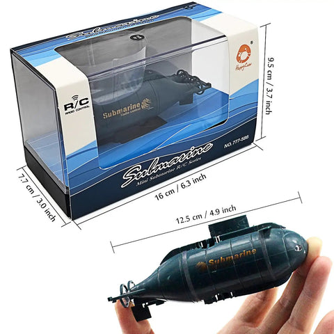 Mini RC Nuclear Submarine Toy Remote Control Boat With Realistic Dive Function And Surface Modes showcased in packaging with size info
