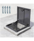Tough As Nails Roof Hatch Cover With Beefy Hydraulic Lift Supports And Rust Resistant Aluminum Steel Dark Grey Flat Access Panel open.