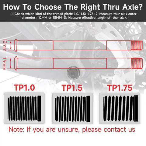 Diagram showing how to choose the right thru axle with measurements and thread pitch options TP1.0, TP1.5, TP1.75.