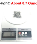 50-Piece 8-32 X 1/4 Inch Stainless Steel Allen Head Set Screws on scale, showing weight as about 0.7 ounce