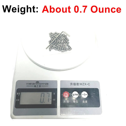 50-Piece 8-32 X 1/4 Inch Stainless Steel Allen Head Set Screws on scale, showing weight as about 0.7 ounce