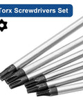 Heavy Duty Magnetic Torx Screwdriver Set With Ergonomic Handles Includes Six Star Bits T10 T15 T20 T25 T27 T30 forged steel tips in close-up view.