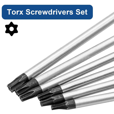 Heavy Duty Magnetic Torx Screwdriver Set With Ergonomic Handles Includes Six Star Bits T10 T15 T20 T25 T27 T30 forged steel tips in close-up view.