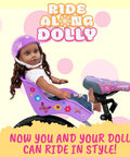Glitter Purple Doll Bike Seat Accessory For 18 To 22 Inch Dolls And Stuffed Bears, Universal Crossbar Mount with doll seated