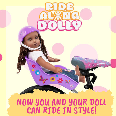 Glitter Purple Doll Bike Seat Accessory For 18 To 22 Inch Dolls And Stuffed Bears, Universal Crossbar Mount with doll seated