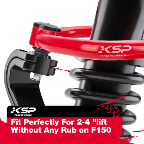 Ford F-150 2004-2020 Front Lift 2-4 Inch Control Arm Replacement Heavy Duty Iron Steel Swing Arm With Adjustable Ball Joint For 2-4 Inch Lift Kits Aftermarket Upper Arm Red, red upper control arm close-up