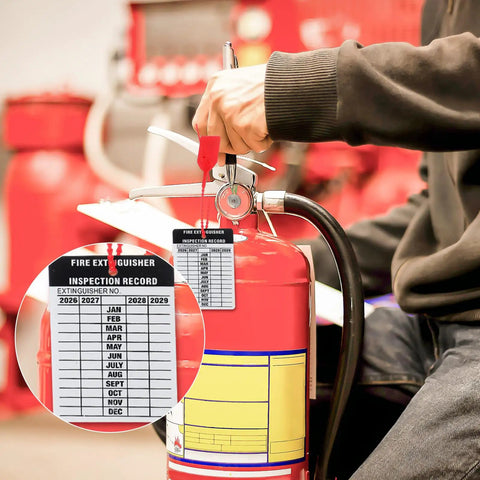 Heavy Duty Aluminum Fire Extinguisher Tags Bulk Pack Featuring Monthly 2026 To 2029 Dates on a red fire extinguisher with inspection record.