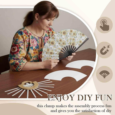 Woman using Wooden Fan Assembly Jig For 13-Inch Handheld Fans, Magnetic Clamp Template For DIY Making And Sublimation Crafting