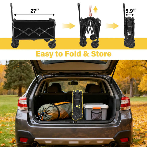 All Terrain Folding Utility Wagon stored in car trunk shown in folded state for easy storage and transport