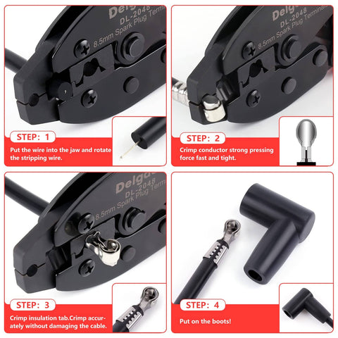 Process steps using Spark Plug Wire Crimping Tool Kit With 36 Boots And Terminals Crimp And Stripping Tool Set For 180 Degree 90 Degree Straight Ignition Wire Coil Terminals Pro Grade DIY Auto Shop Essential.
