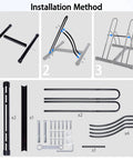 Dual Bike Rack For Indoor Or Outdoor Use Heavy Duty Steel Tire Storage Stand assembly and parts display.