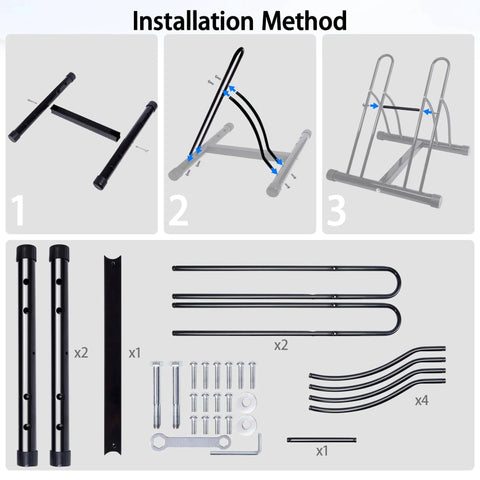 Dual Bike Rack For Indoor Or Outdoor Use Heavy Duty Steel Tire Storage Stand assembly and parts display.