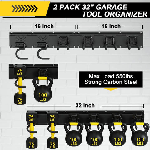 Garage Storage Wall Mount Organizer With 6 Tool Hooks And 2 Shelves, 32 Inch Heavy Duty Rack For Yard Tools And Hose