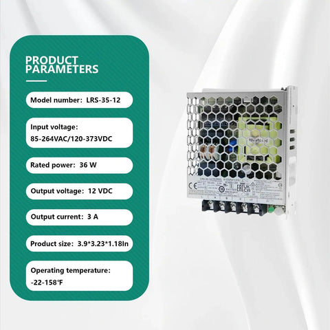 Rock Solid AC DC Power Supply 35W 12V 3A Universal Input Efficient Switching Adapter with product parameters displayed.