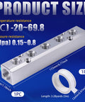 5 Way 7 Port Aluminum Pneumatic Manifold with G1/2 Inlet and G1/4 Output, silver finish, includes 3m tape, product size details