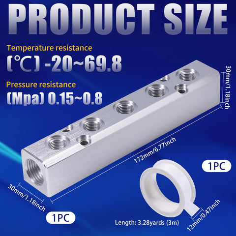 5 Way 7 Port Aluminum Pneumatic Manifold with G1/2 Inlet and G1/4 Output, silver finish, includes 3m tape, product size details