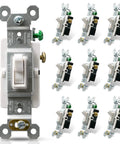 Front view of three way toggle light switch in wall replacement 120 V 15 A quiet framed AC switch self grounding 10 pack glossy white.