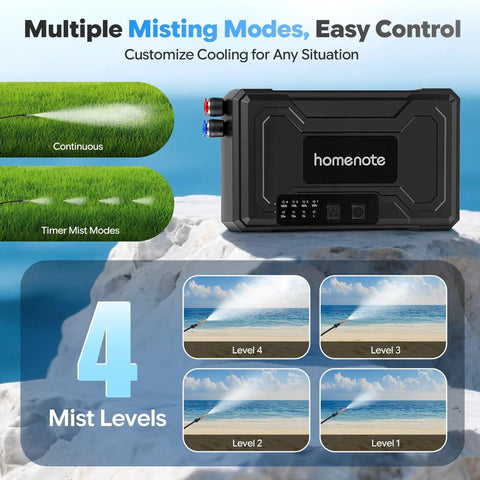 Beat The Heat Anywhere Portable Misting System With 12000mAh Pump showing multiple misting modes and mist levels display