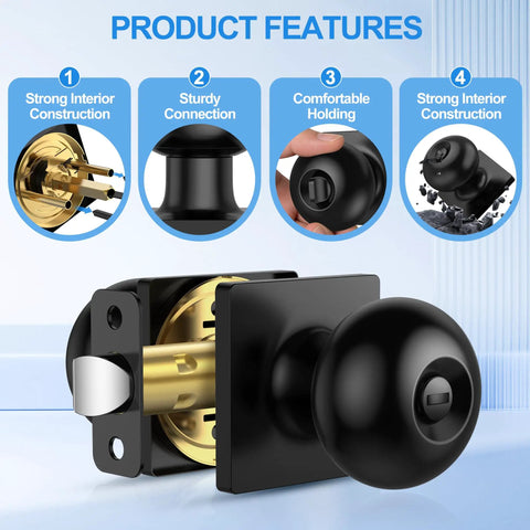 10 Pack Matte Black Privacy Door Knobs With Keyless Interior Locks For Bedrooms And Bathrooms ANSI Grade 3 Certified Square Modern Locking Doorknobs With Round Lock Built Tough Heavy Duty Durable Stainless Steel Construction showing product features