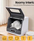 Hassle Free Portable Countertop Dishwasher With Durable Stainless Steel Body And High Pressure Spray Nozzles 110V Compact Mini Washer For Dorms Apartments And Offices Delivers Fast Cycle Options Plus Fruit Rinse Mode Serves As A Smart Space Saver showing an open interior with stacked dishes and mugs.