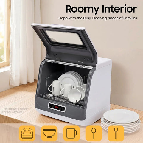 Hassle Free Portable Countertop Dishwasher With Durable Stainless Steel Body And High Pressure Spray Nozzles 110V Compact Mini Washer For Dorms Apartments And Offices Delivers Fast Cycle Options Plus Fruit Rinse Mode Serves As A Smart Space Saver showing an open interior with stacked dishes and mugs.