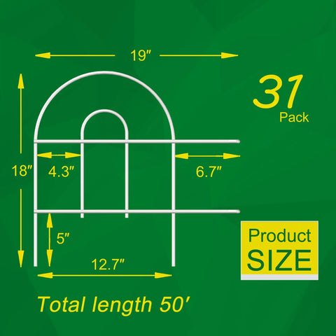 Size diagram for White Garden Fence Border 18 Inch High 50 Feet Long Foldable Metal Wire Panel Fencing 31 Pack.