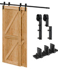 Heavy Duty 8 Foot Sliding Barn Door Hardware Kit For Double Wooden Doors With Single Track And Bypass Floor Guide Black Powder Coated Carbon Steel Construction Supports Up To 330 Lbs Easy Install Smooth Glide And Durable Track