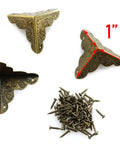 Antique Brass Corner Protectors For Wooden Boxes And Jewelry Cases Vintage Triangle Edge Guards With Screws 1 inch size with decorative design.