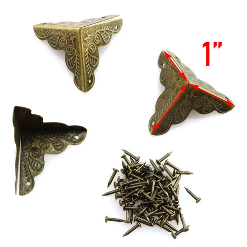 Antique Brass Corner Protectors For Wooden Boxes And Jewelry Cases Vintage Triangle Edge Guards With Screws 1 inch size with decorative design.