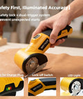 Cordless Electric Scissors With Led Light And Safety Lock Cuts Cardboard Fabric Carpet Plastic And Leather Without One Bit Of Drama, detail view showing safety lock and LED light.