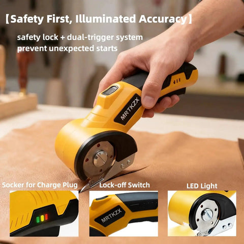 Cordless Electric Scissors With Led Light And Safety Lock Cuts Cardboard Fabric Carpet Plastic And Leather Without One Bit Of Drama, detail view showing safety lock and LED light.