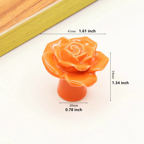 Orange ceramic rose cabinet knob with size details, part of Ceramic Rose Cabinet Knobs 6 Pack Orange Vintage Drawer Pulls For Dresser Wardrobe Kitchen Cupboard Easy Install With Screws In Three Sizes Dope Rose Flower Handles For Girls Room