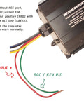 Close-up of 40V-90V To 12V Buck Converter 50A Beefy 600W with wiring instructions and color-coded input wires visible.