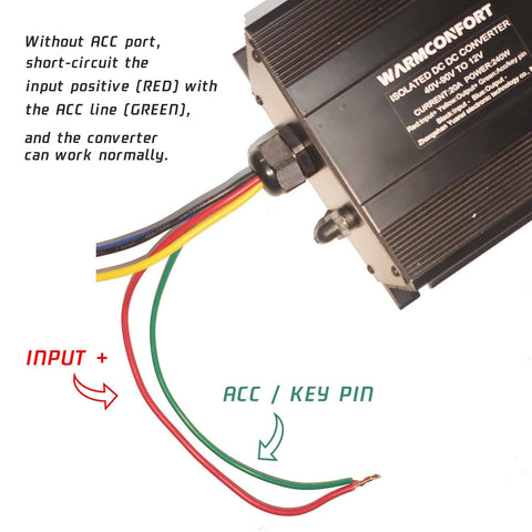 Close-up of 40V-90V To 12V Buck Converter 50A Beefy 600W with wiring instructions and color-coded input wires visible.