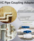 10 Pack White Three Quarter Inch PVC Socket To Socket Couplings For Home, DIY, And Industrial Use, shown in various setups