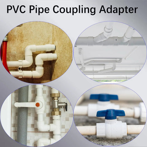 10 Pack White Three Quarter Inch PVC Socket To Socket Couplings For Home, DIY, And Industrial Use, shown in various setups