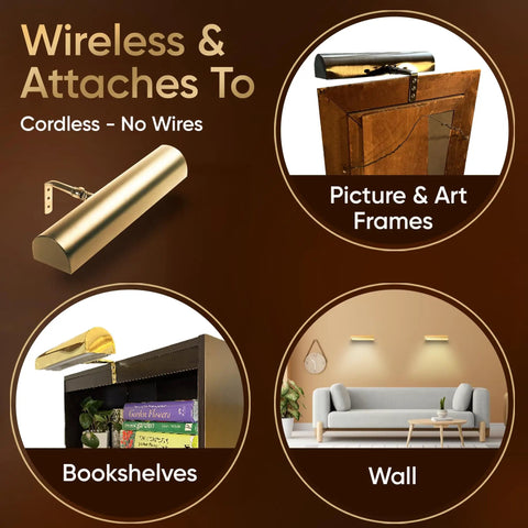 Wireless Battery Operated Picture Light With Remote Dimmable Tilt Head Slick Wall Mount Or Shelf Display Polished Brass Finish Eleven Point Five Inch Art Light For Home Gallery showing various mounting options.